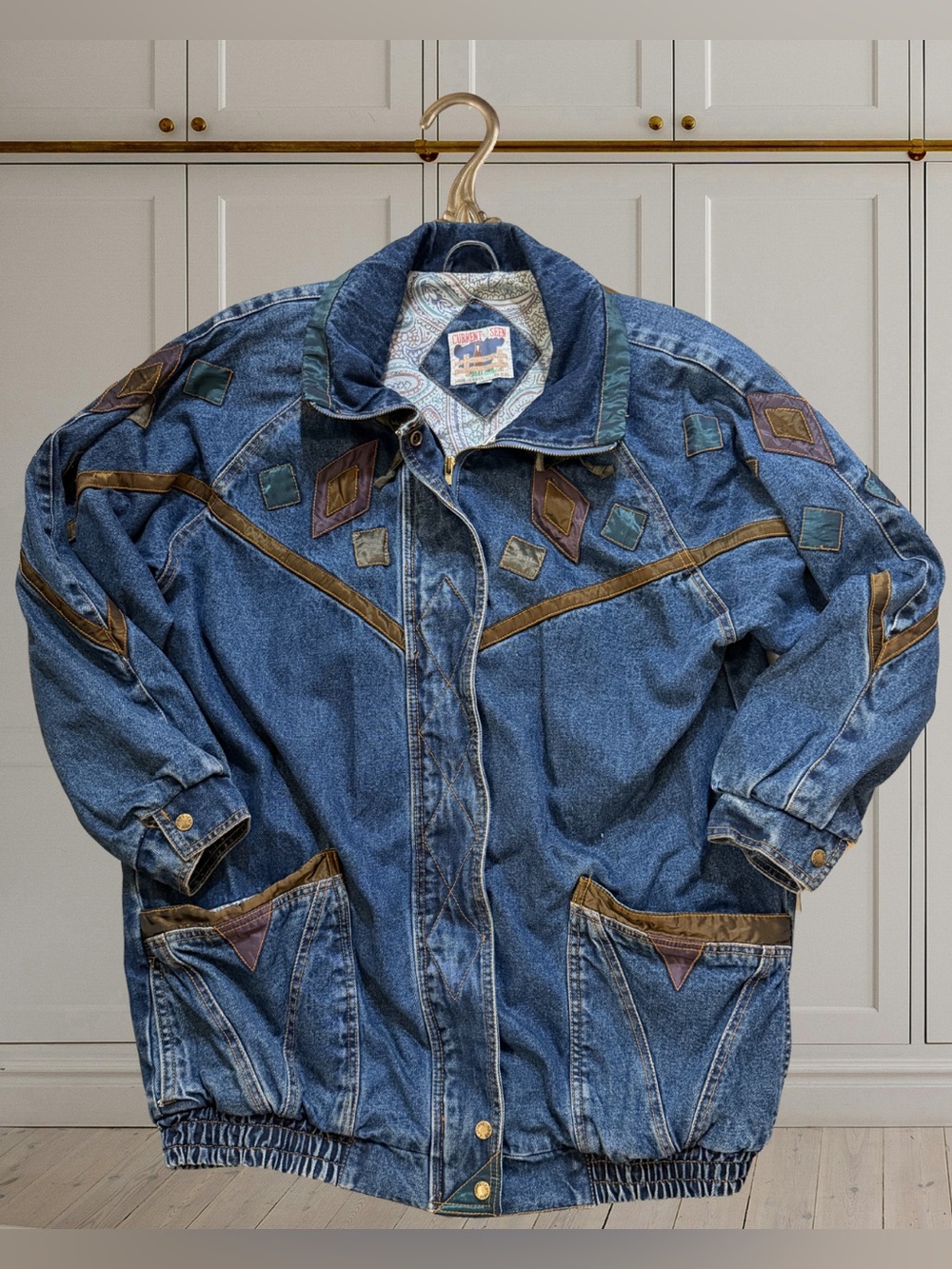 Vintage Current Seen Oversized Blue Denim Jacket with Geometric Patch Details
